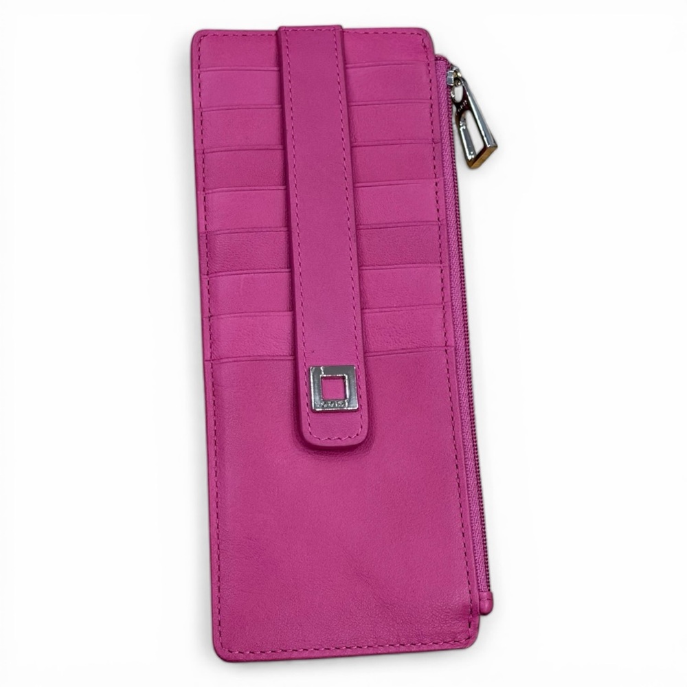 Lodis Julia RFID Leather Slim Zip Wallet Pink 7.5 Inch Card Holder New